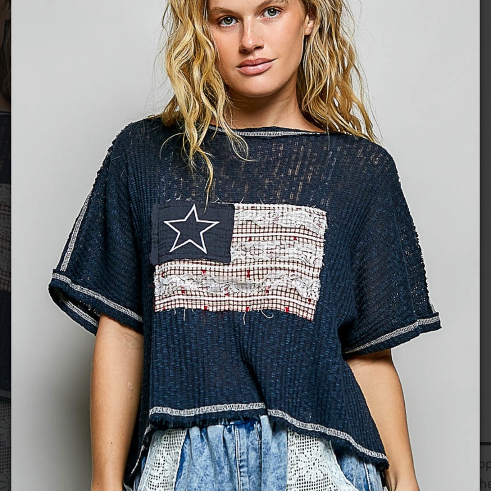 POL Navy Blue Short Sleeve Tank Top with Flag Patch
